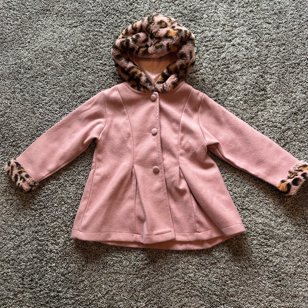 Pink Leopard Trim Kids Light Pea Coat